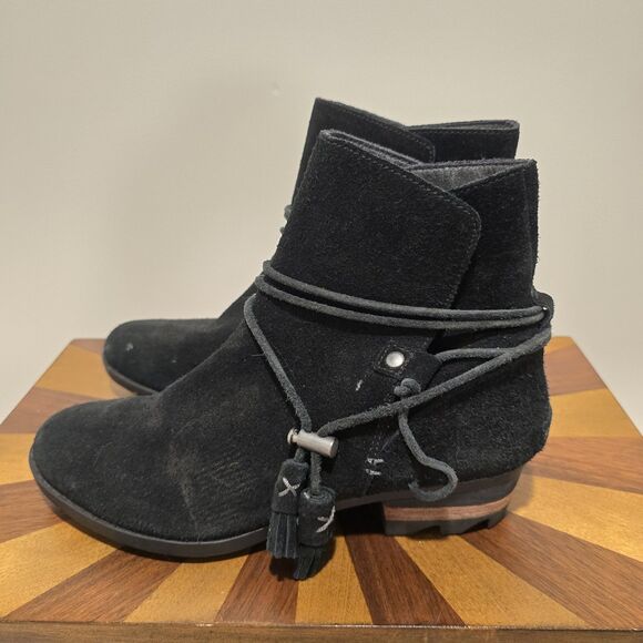 Sorel Black Leather Boots Womens 8.5 Farah Tassel Ties Ankle Booties Suede Boho - Picture 4 of 13